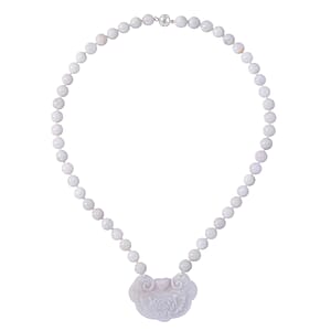 Natural Jade 335.00 ctw Ruyi Ping An Carved and Beaded Double Sided Necklace in Rhodium Over Sterling Silver 20 Inches