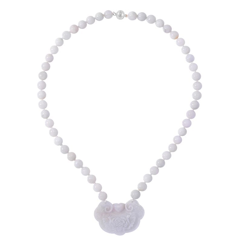 Natural Jade 335.00 ctw Ruyi Ping An Carved and Beaded Necklace in Rhodium Over Sterling Silver 20 Inches