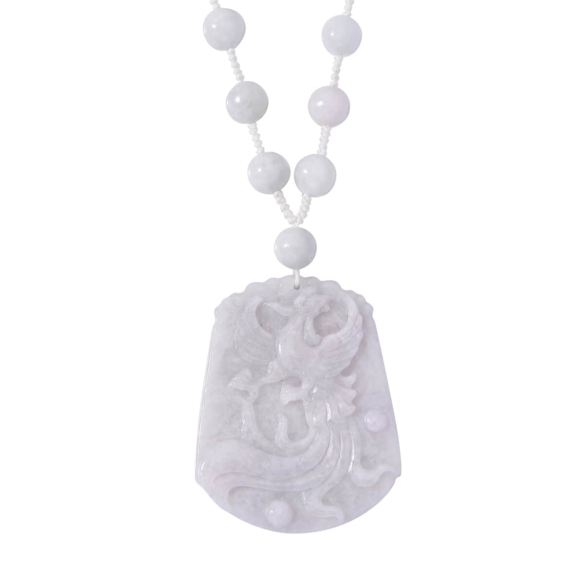 Natural Jade 330.00 ctw Carved Phoenix and Knotted Double Sided Necklace in Rhodium Over Sterling Silver 20 Inches image number 0