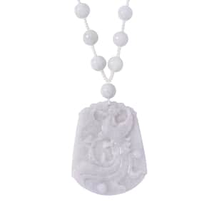 Natural Jade 330.00 ctw Carved Phoenix and Knotted Double Sided Necklace in Rhodium Over Sterling Silver 20 Inches