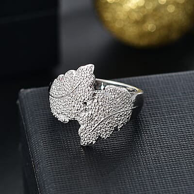 Karis White Diamond Accent Leaf Bypass Ring in Platinum Bond (Size 10.0)