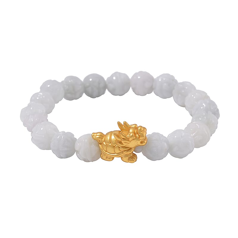 Natural Jade 153.00 ctw Carved Beaded Stretch Bracelet with Dragon Turtle Charm in 14K YG Over Sterling Silver
