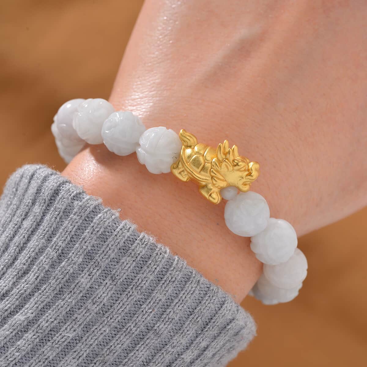 Natural Jade 153.00 ctw Carved Beaded Stretch Bracelet with Dragon Turtle Charm in 14K YG Over Sterling Silver (Del. in 8-10 Days) image number 1