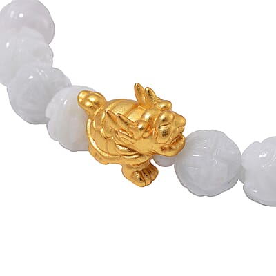 Natural Jade 153.00 ctw Carved Beaded Stretch Bracelet with Dragon Turtle Charm in 14K YG Over Sterling Silver