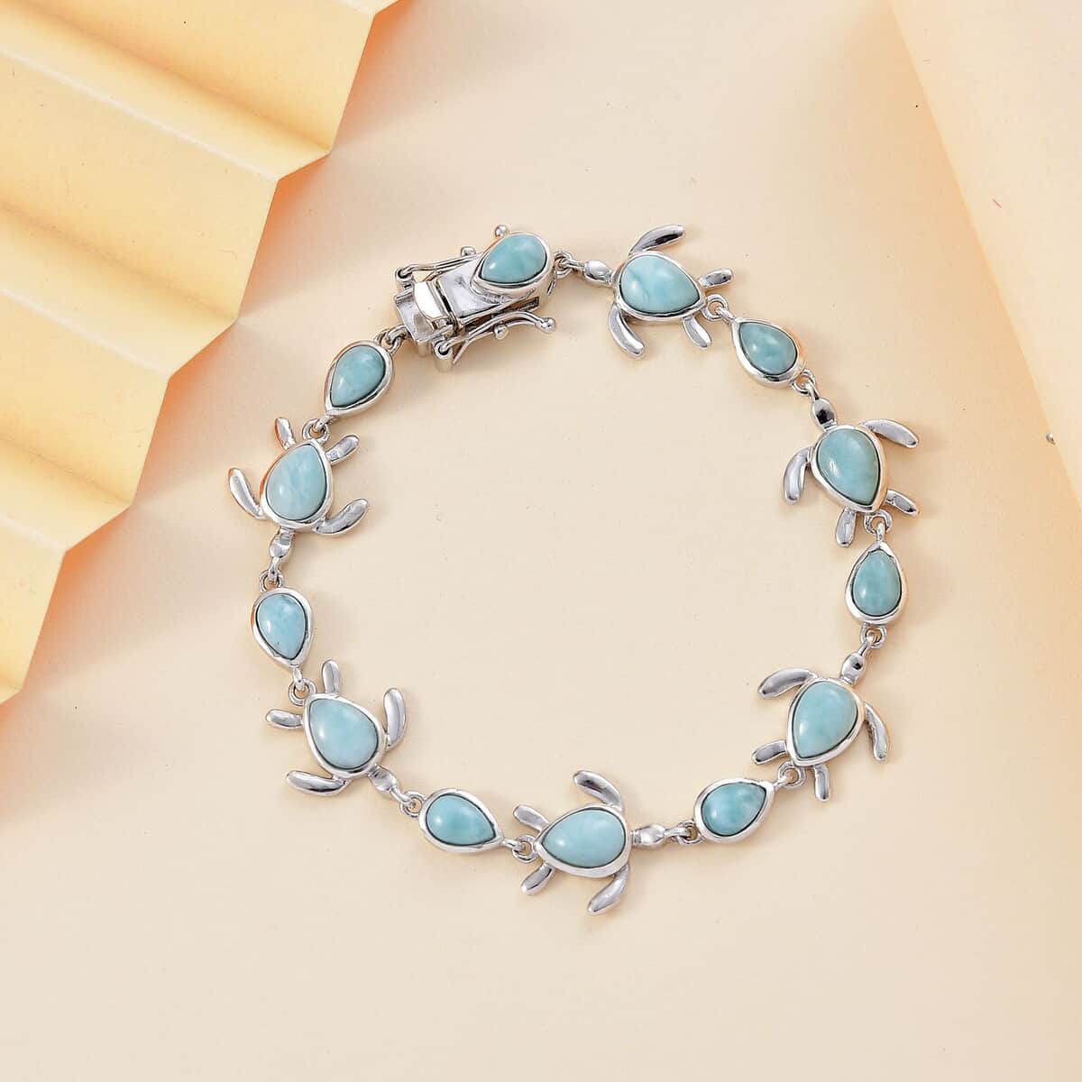 Natural Green Larimar 9.30 ctw Turtle Bracelet in Rhodium Over Sterling Silver (6.50 In) image number 1