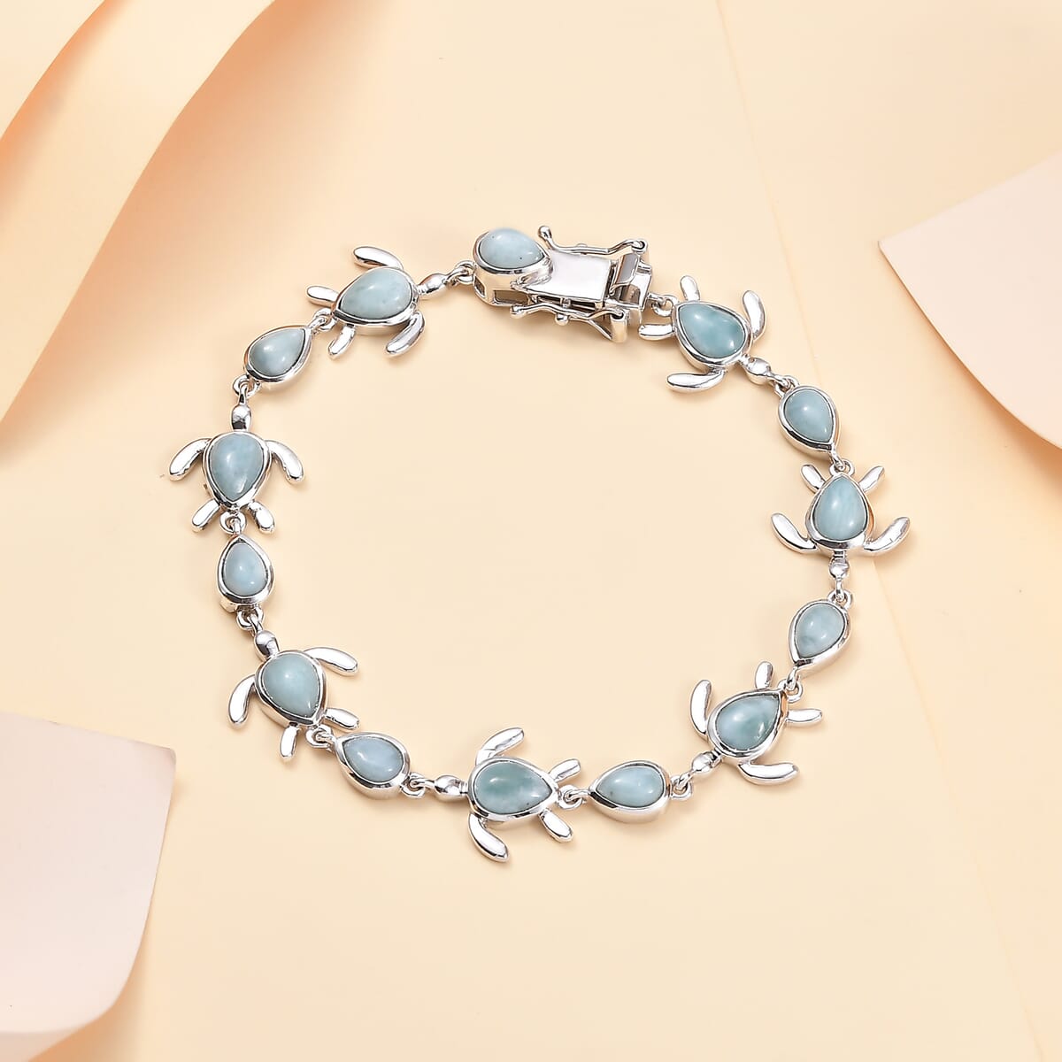 Natural Green Larimar 10.25 ctw Turtle Bracelet in Rhodium Over Sterling Silver (7.25 In) image number 1