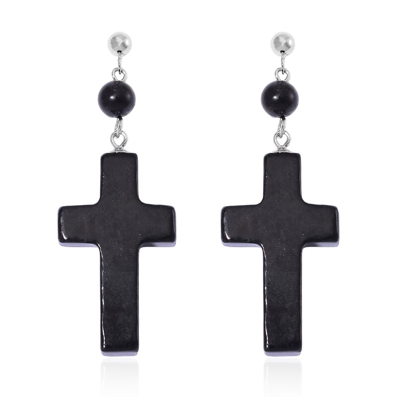 Shungite 30.00 ctw Cross Earrings in Rhodium Over Sterling Silver