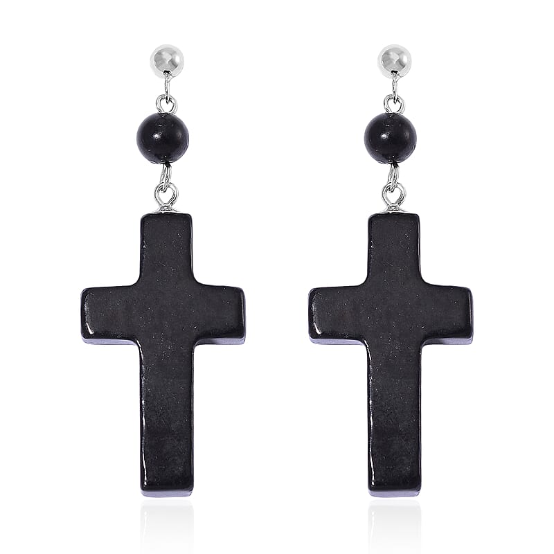 Shungite 30.00 ctw Cross Earrings in Rhodium Over Sterling Silver