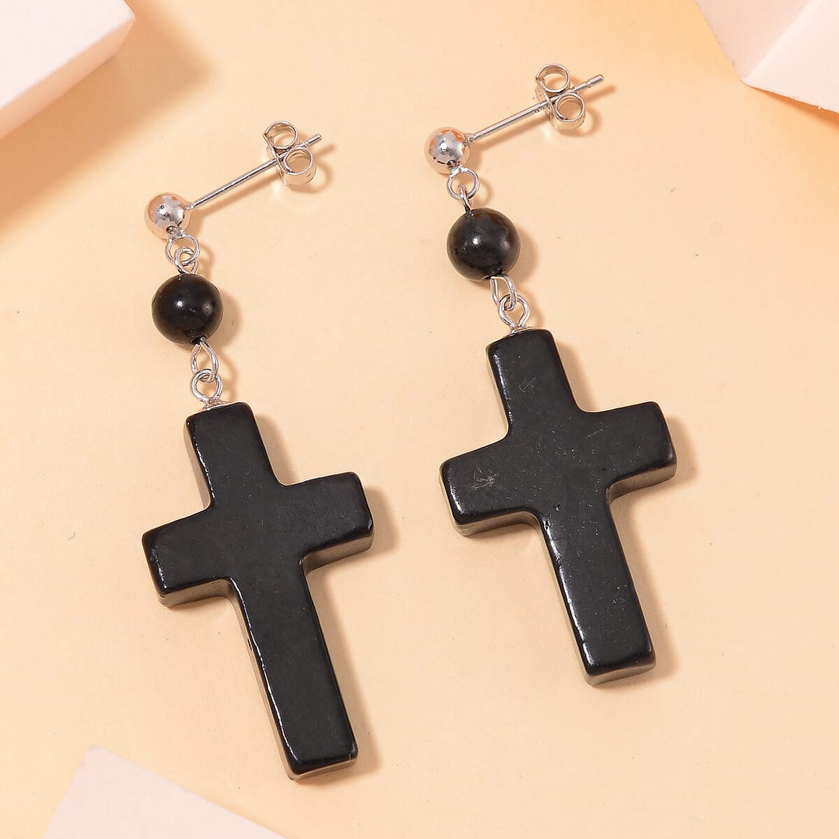 Shungite 30.00 ctw Cross Earrings in Rhodium Over Sterling Silver image number 1