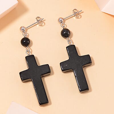 Shungite 30.00 ctw Cross Earrings in Rhodium Over Sterling Silver