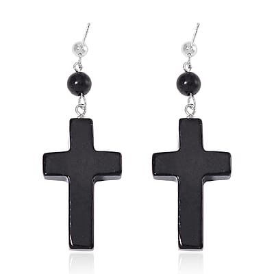 Shungite 30.00 ctw Cross Earrings in Rhodium Over Sterling Silver