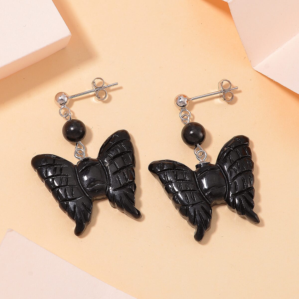 Shungite 30.00 ctw Butterfly Earrings in Rhodium Over Sterling Silver image number 1