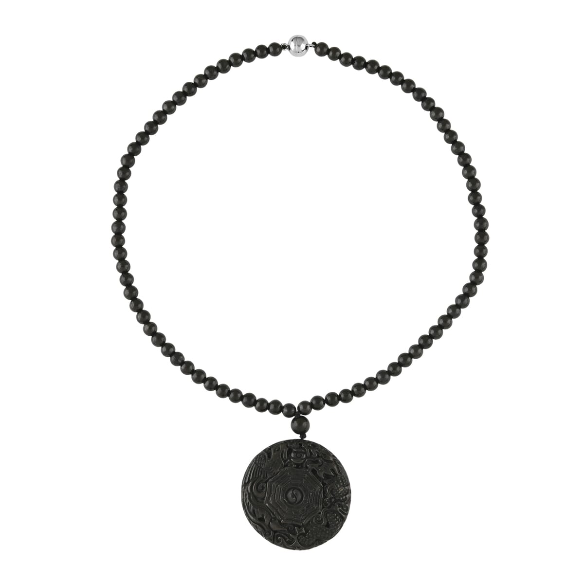 Shungite 300.00 ctw Dragon and Yin-Yang Carved with Beaded Necklace in Rhodium Over Sterling Silver 20 Inches image number 0