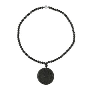 Shungite 300.00 ctw Dragon and Yin-Yang Carved with Beaded Necklace in Rhodium Over Sterling Silver 20 Inches