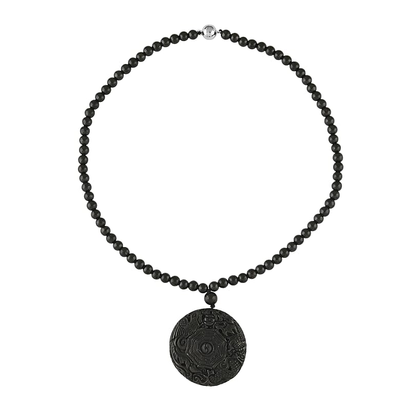 Shungite 300.00 ctw Dragon and Yin-Yang Carved with Beaded Necklace in Rhodium Over Sterling Silver 20 Inches