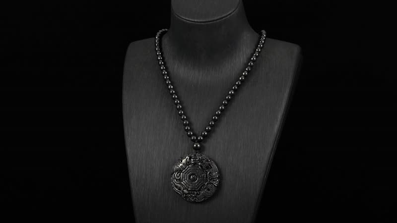 Shungite 300.00 ctw Dragon and Yin-Yang Carved with Beaded Necklace in Rhodium Over Sterling Silver 20 Inches
