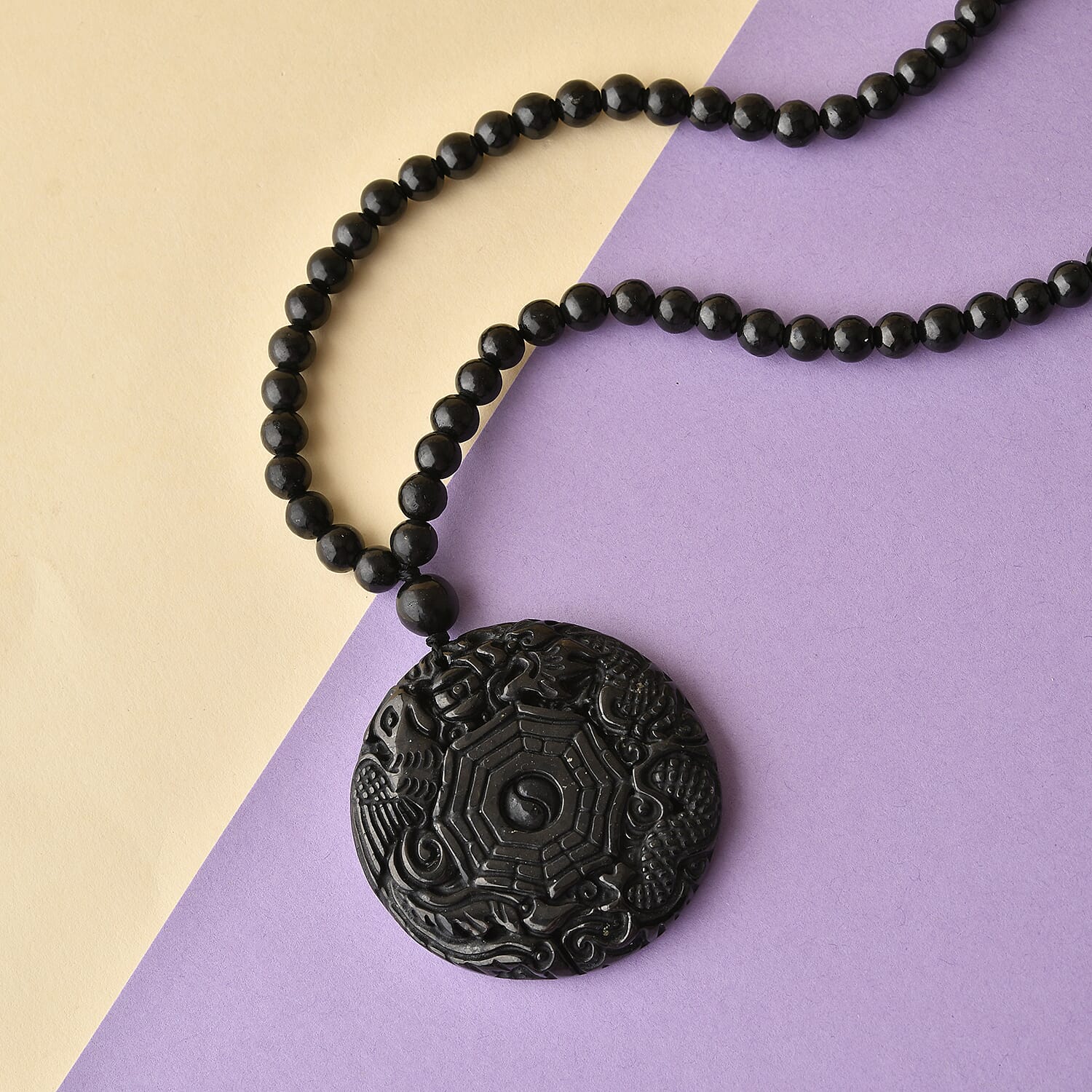 Shungite 300.00 ctw Dragon and Yin-Yang Carved with Beaded Necklace in Rhodium Over Sterling Silver 20 Inches