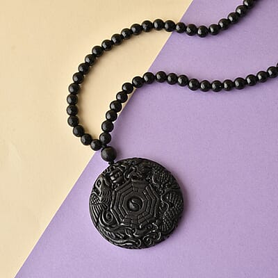 Shungite 300.00 ctw Dragon and Yin-Yang Carved with Beaded Necklace in Rhodium Over Sterling Silver 20 Inches
