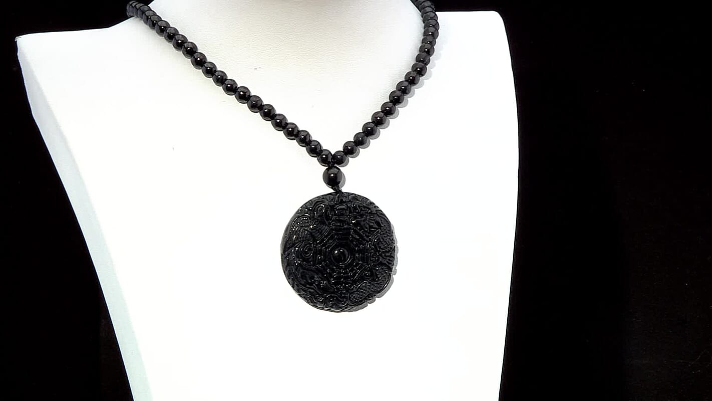 Shungite 300.00 ctw Dragon and Yin-Yang Carved with Beaded Necklace in Rhodium Over Sterling Silver 20 Inches