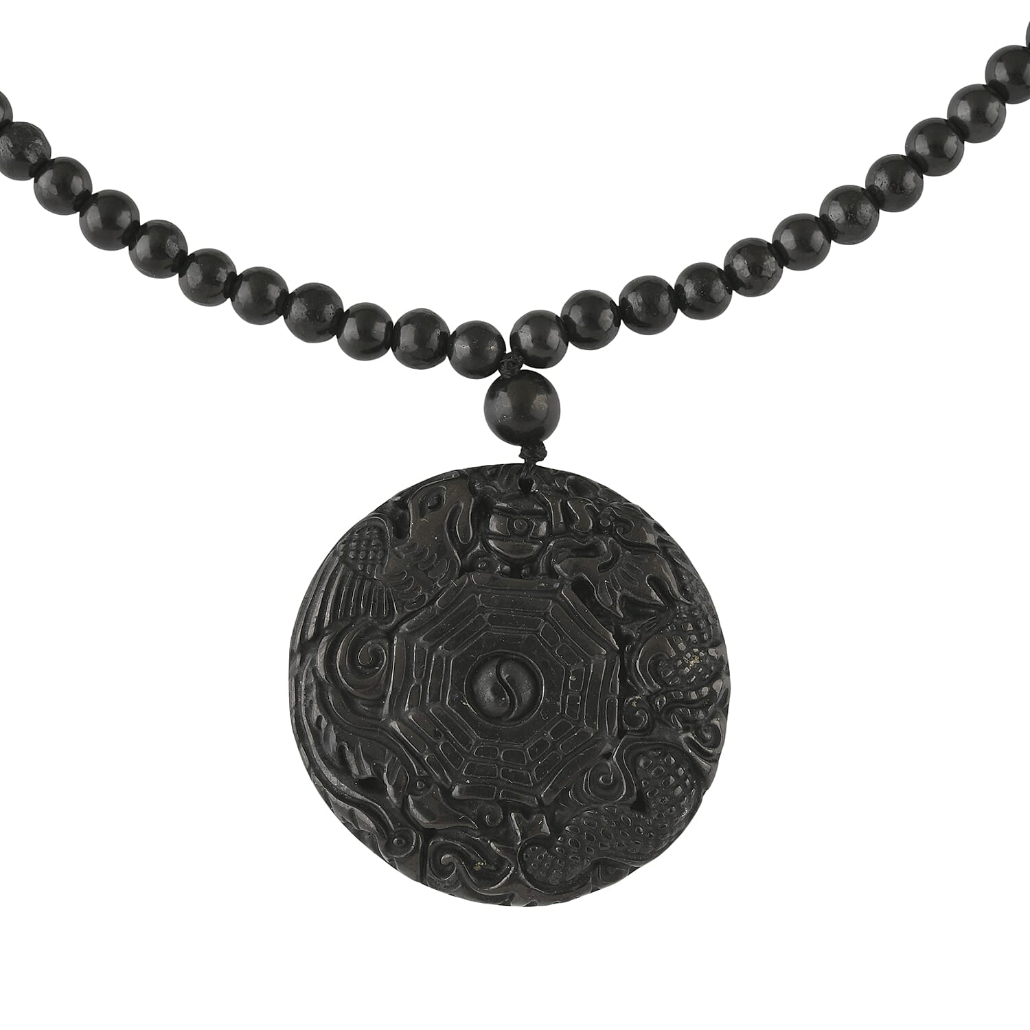 Shungite 300.00 ctw Dragon and Yin-Yang Carved with Beaded Necklace in Rhodium Over Sterling Silver 20 Inches