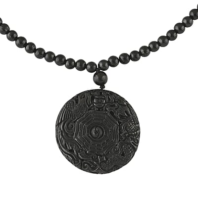 Shungite 300.00 ctw Dragon and Yin-Yang Carved with Beaded Necklace in Rhodium Over Sterling Silver 20 Inches
