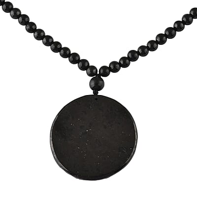 Shungite 300.00 ctw Dragon and Yin-Yang Carved with Beaded Necklace in Rhodium Over Sterling Silver 20 Inches