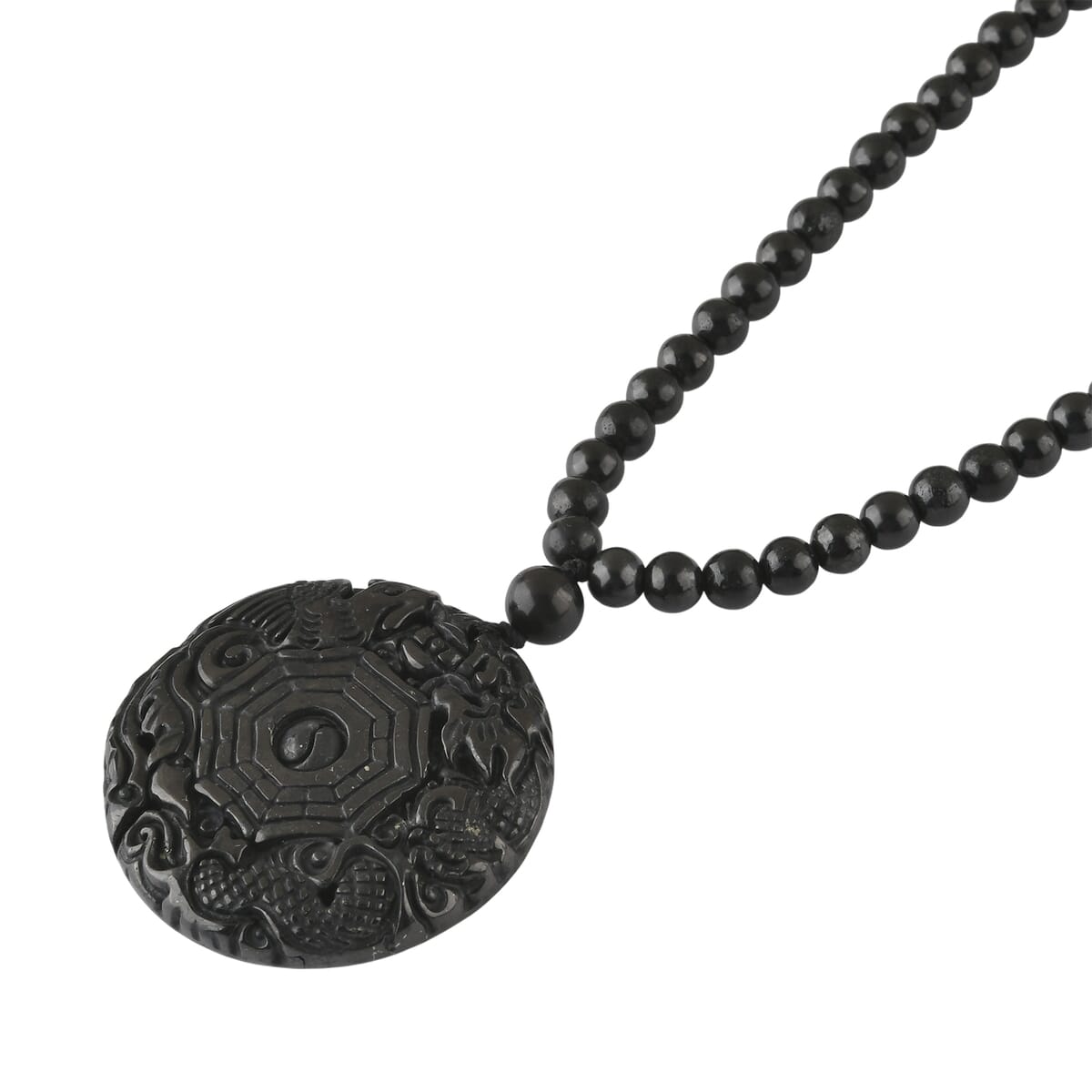 Shungite 300.00 ctw Dragon and Yin-Yang Carved with Beaded Necklace in Rhodium Over Sterling Silver 20 Inches image number 4
