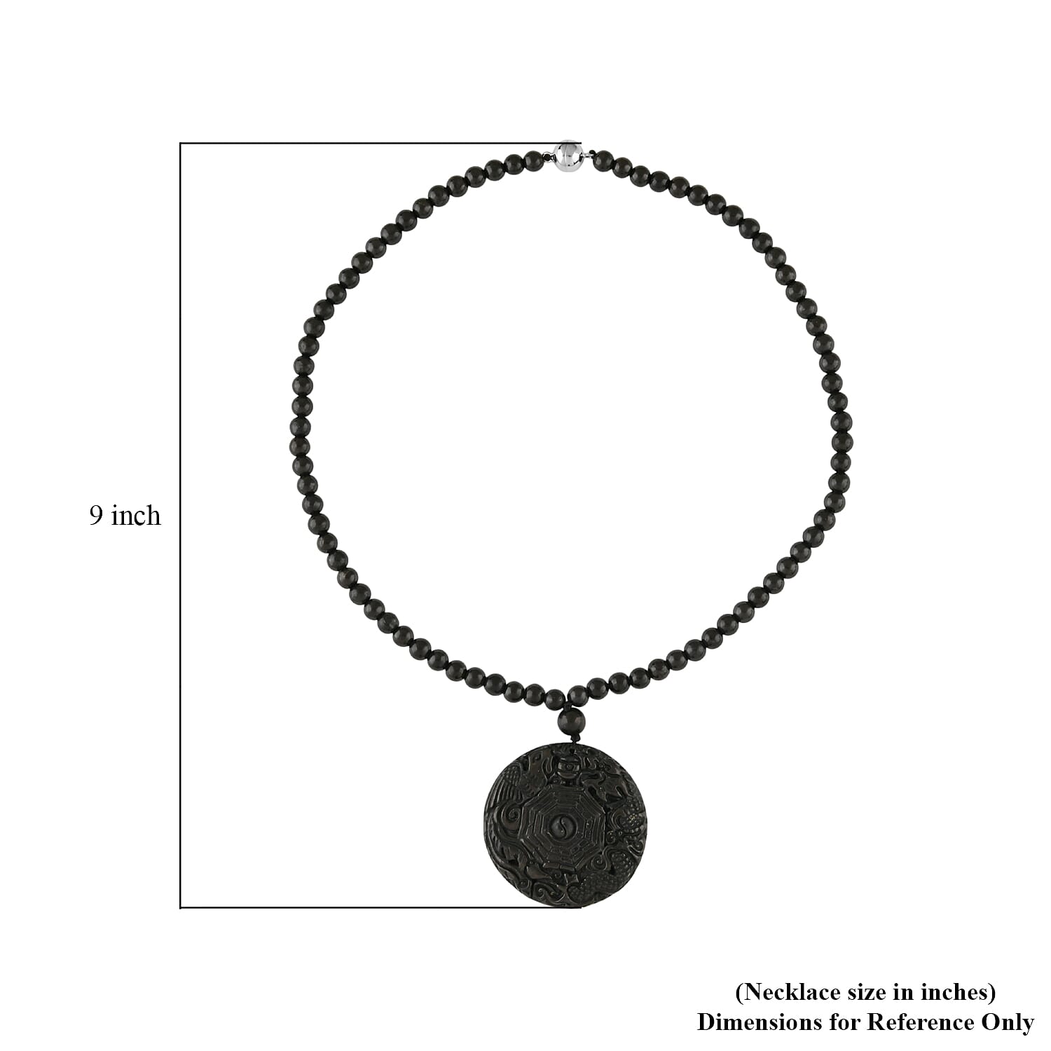 Shungite 300.00 ctw Dragon and Yin-Yang Carved with Beaded Necklace in Rhodium Over Sterling Silver 20 Inches