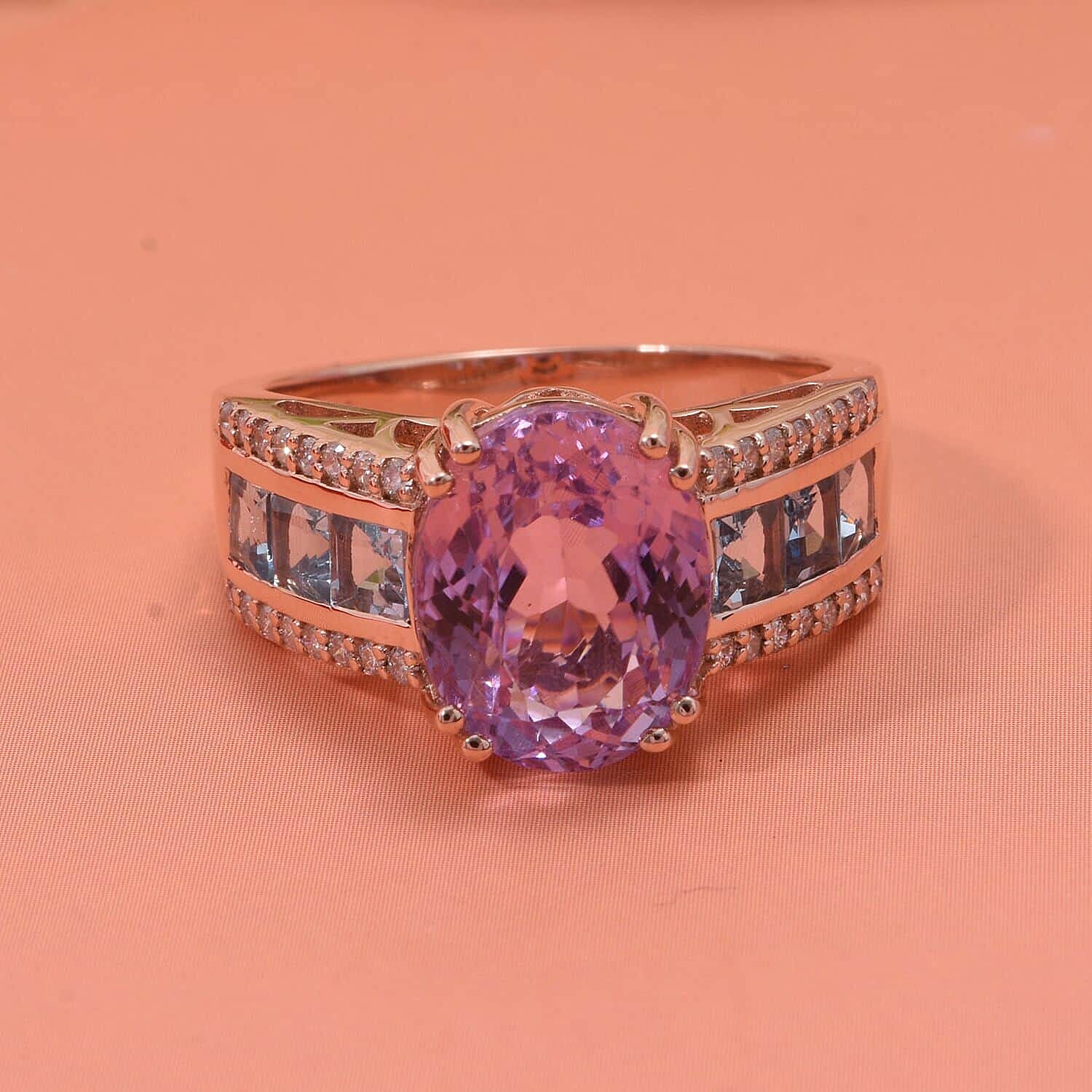 Certified & Appraised Luxoro AAA Patroke Kunzite, Santa Maria Aquamarine and G-H I2 Diamond 6.00 ctw Bridge Ring in 14K Rose Gold (Size 6.0) 4.75 Grams