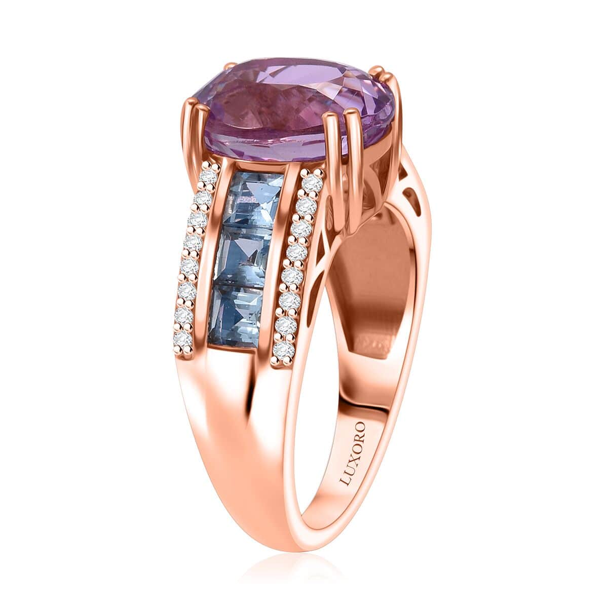 Certified & Appraised Luxoro AAA Patroke Kunzite, Santa Maria Aquamarine and G-H I2 Diamond 6.00 ctw Bridge Ring in 14K Rose Gold (Size 6.0) 4.75 Grams image number 3