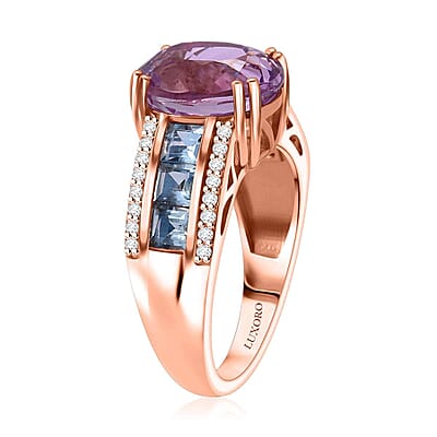 Certified & Appraised Luxoro AAA Patroke Kunzite, Santa Maria Aquamarine and G-H I2 Diamond 6.00 ctw Bridge Ring in 14K Rose Gold (Size 6.0) 4.75 Grams