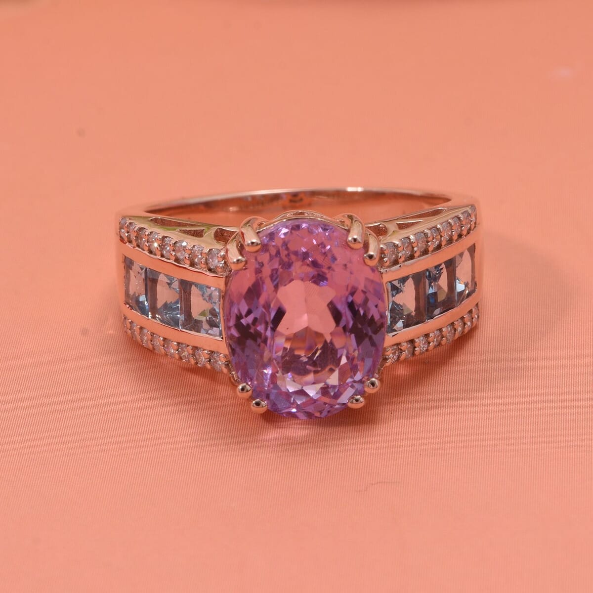 Certified & Appraised Luxoro AAA Patroke Kunzite, Santa Maria Aquamarine and G-H I2 Diamond 6.00 ctw Bridge Ring in 14K Rose Gold (Size 8.0) 4.75 Grams image number 1