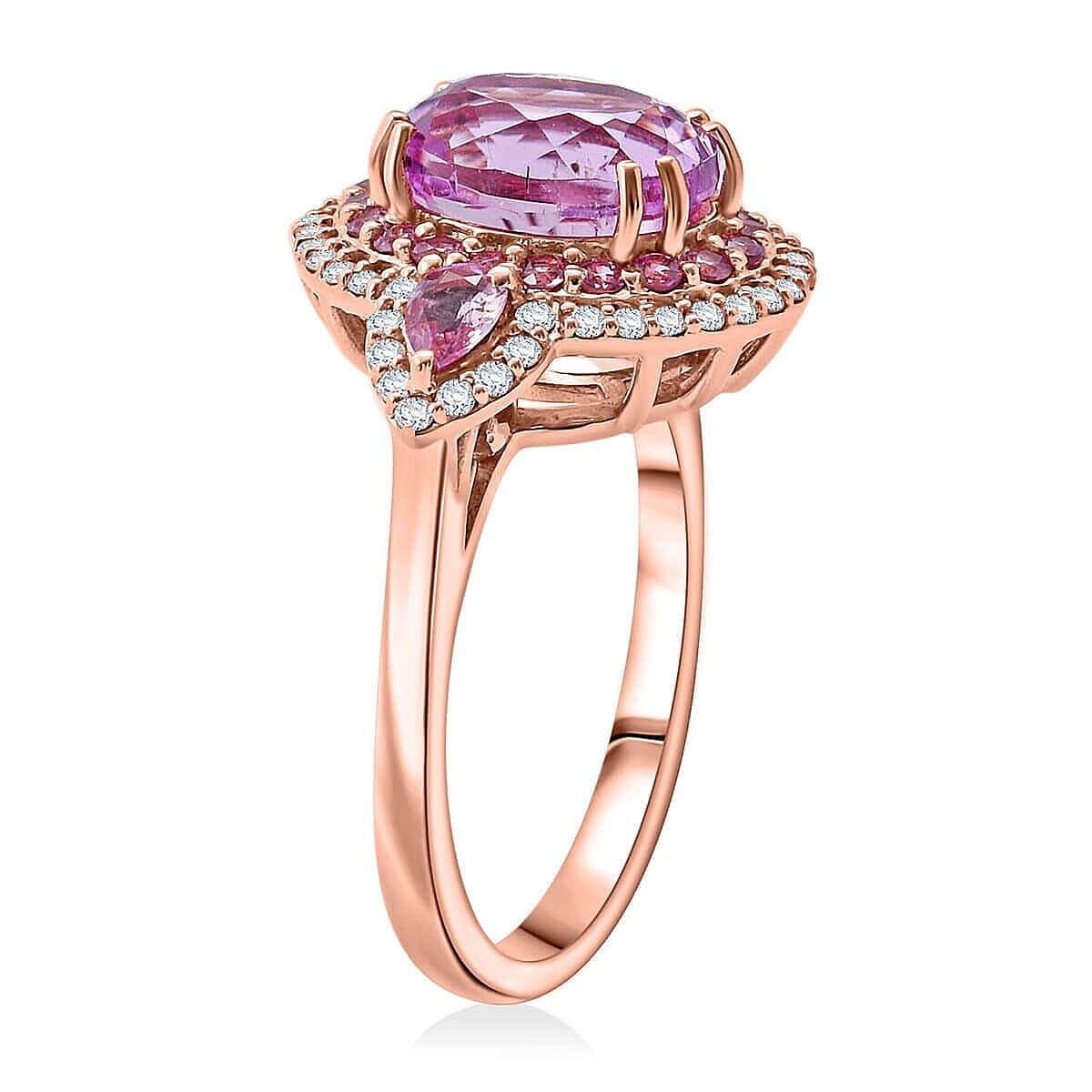 Certified & Appraised Luxoro AAAA Patroke Kunzite, Pink Sapphire and G-H I2 Diamond 4.75 ctw Ring in 14K Rose Gold (Size 6.0) 5.10 Grams