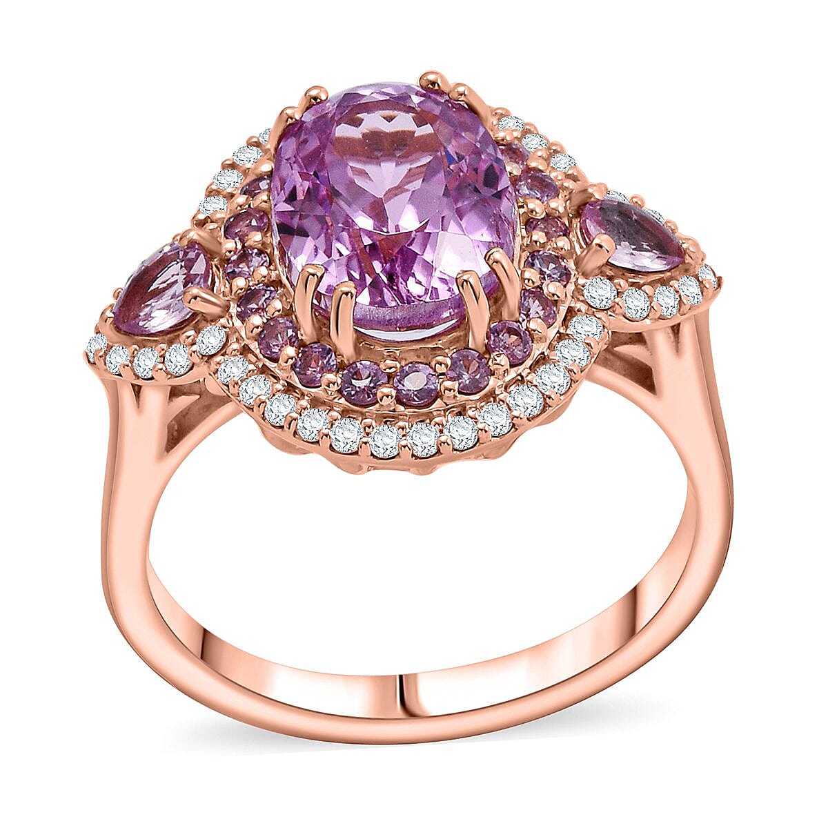 Certified & Appraised Luxoro AAAA Patroke Kunzite, Pink Sapphire and G-H I2 Diamond 4.75 ctw Ring in 14K Rose Gold (Size 7.0) 5.10 Grams image number 0