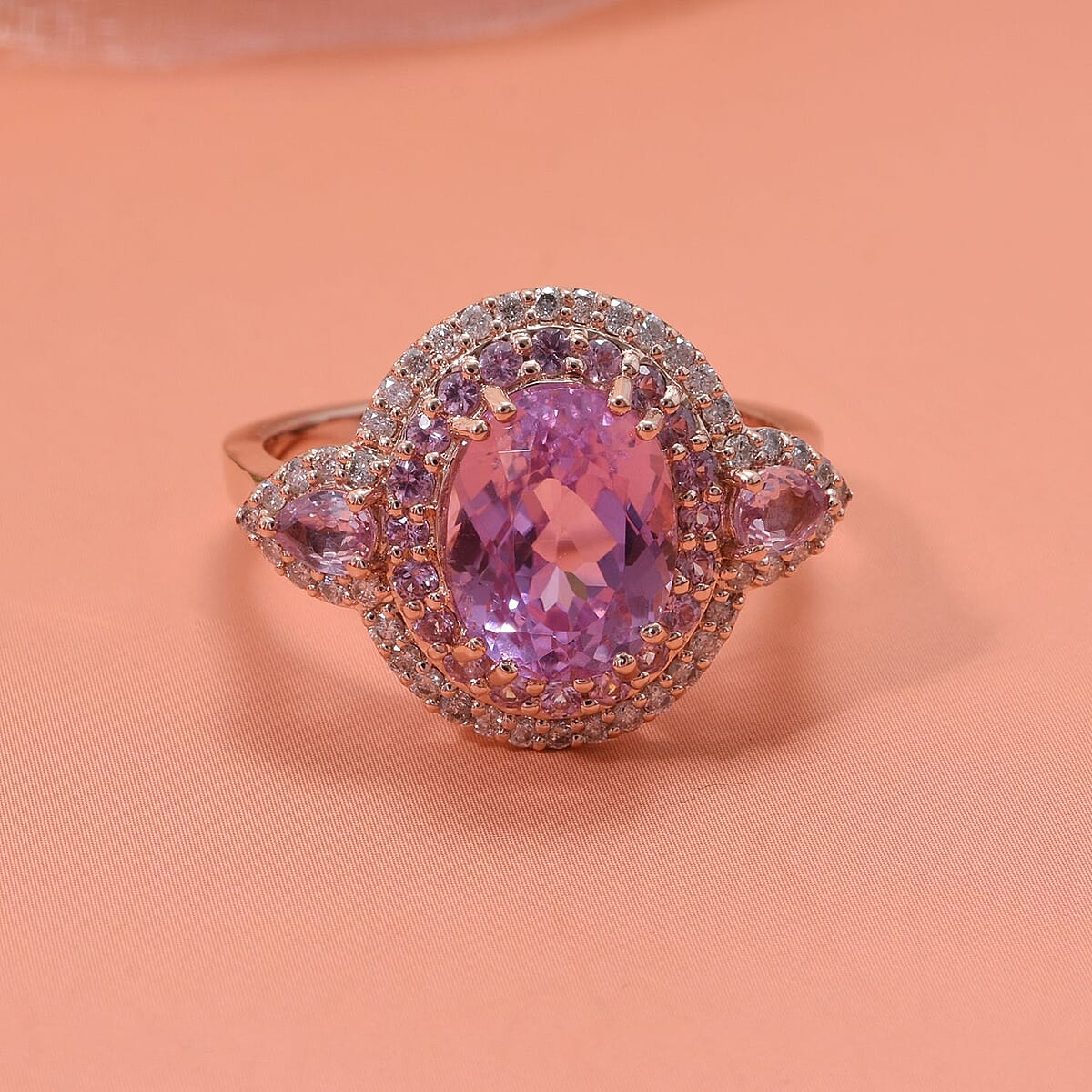 Certified & Appraised Luxoro AAAA Patroke Kunzite, Pink Sapphire and G-H I2 Diamond 4.75 ctw Ring in 14K Rose Gold (Size 7.0) 5.10 Grams image number 1
