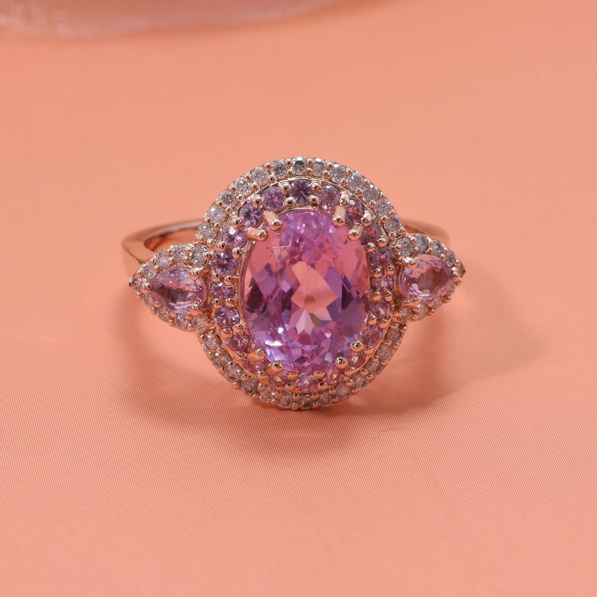 Certified & Appraised Luxoro AAAA Patroke Kunzite, Pink Sapphire and G-H I2 Diamond 4.75 ctw Ring in 14K Rose Gold (Size 8.0) 5.10 Grams image number 1
