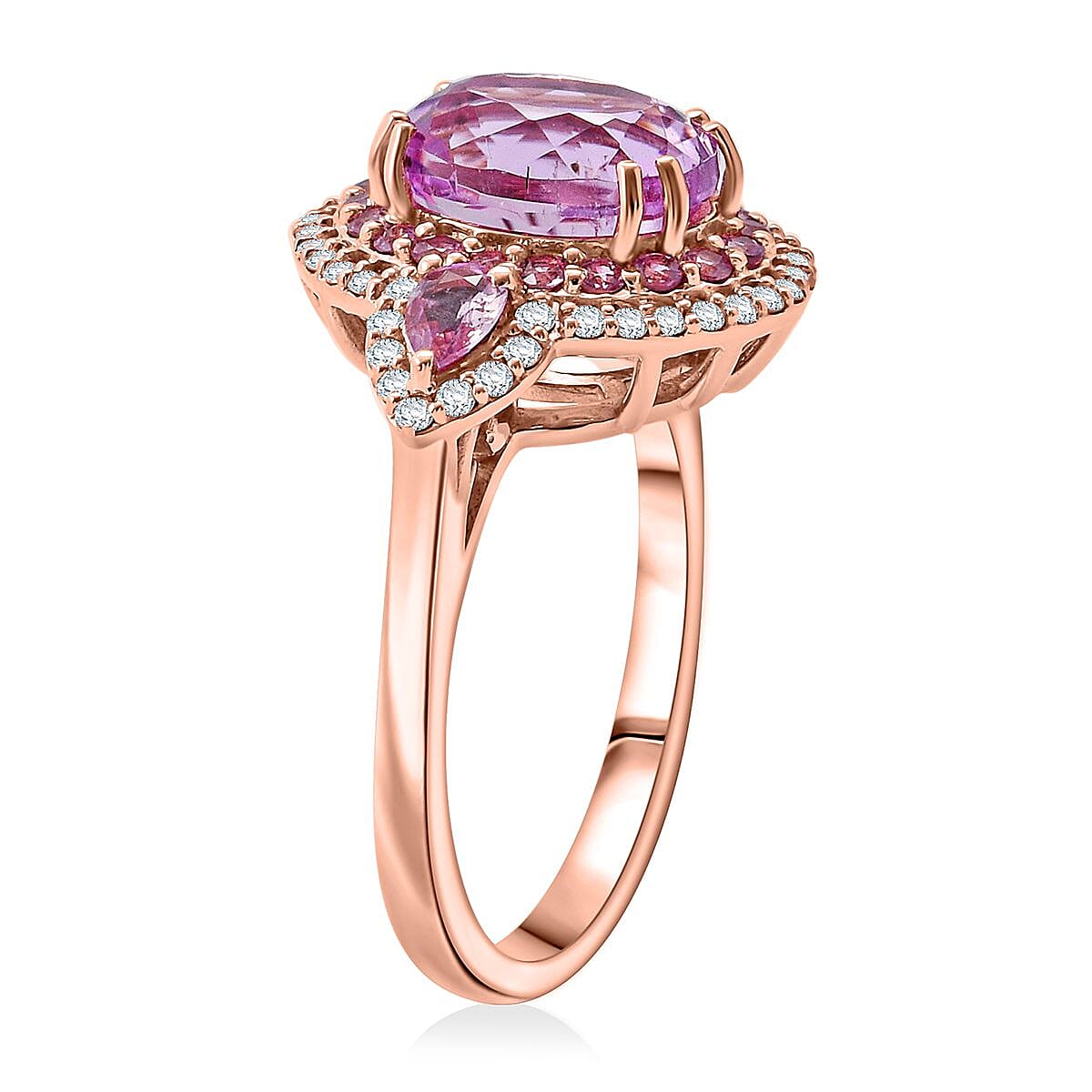 Certified & Appraised Luxoro AAAA Patroke Kunzite, Pink Sapphire and G-H I2 Diamond 4.75 ctw Ring in 14K Rose Gold (Size 9.0) 5.10 Grams image number 3