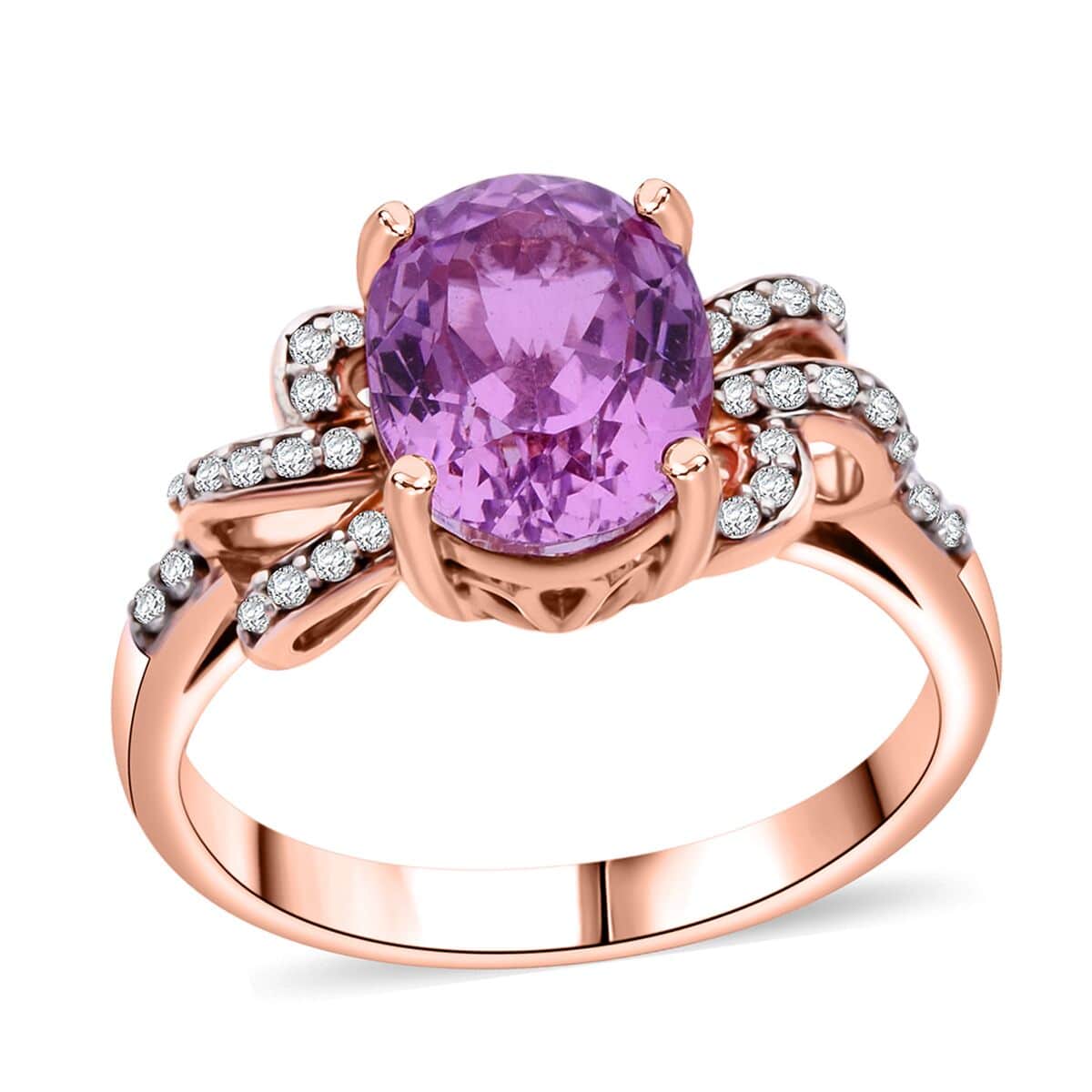 Patroke Kunzite and Moissanite 3.75 ctw Love Knot Ring in Vermeil Rose Gold Over Sterling Silver (Size 10.0) image number 0