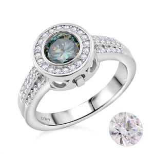 Blue and White Moissanite 2.75 ctw Interchangeable Halo Ring in Rhodium Over Sterling Silver (Size 8.0)