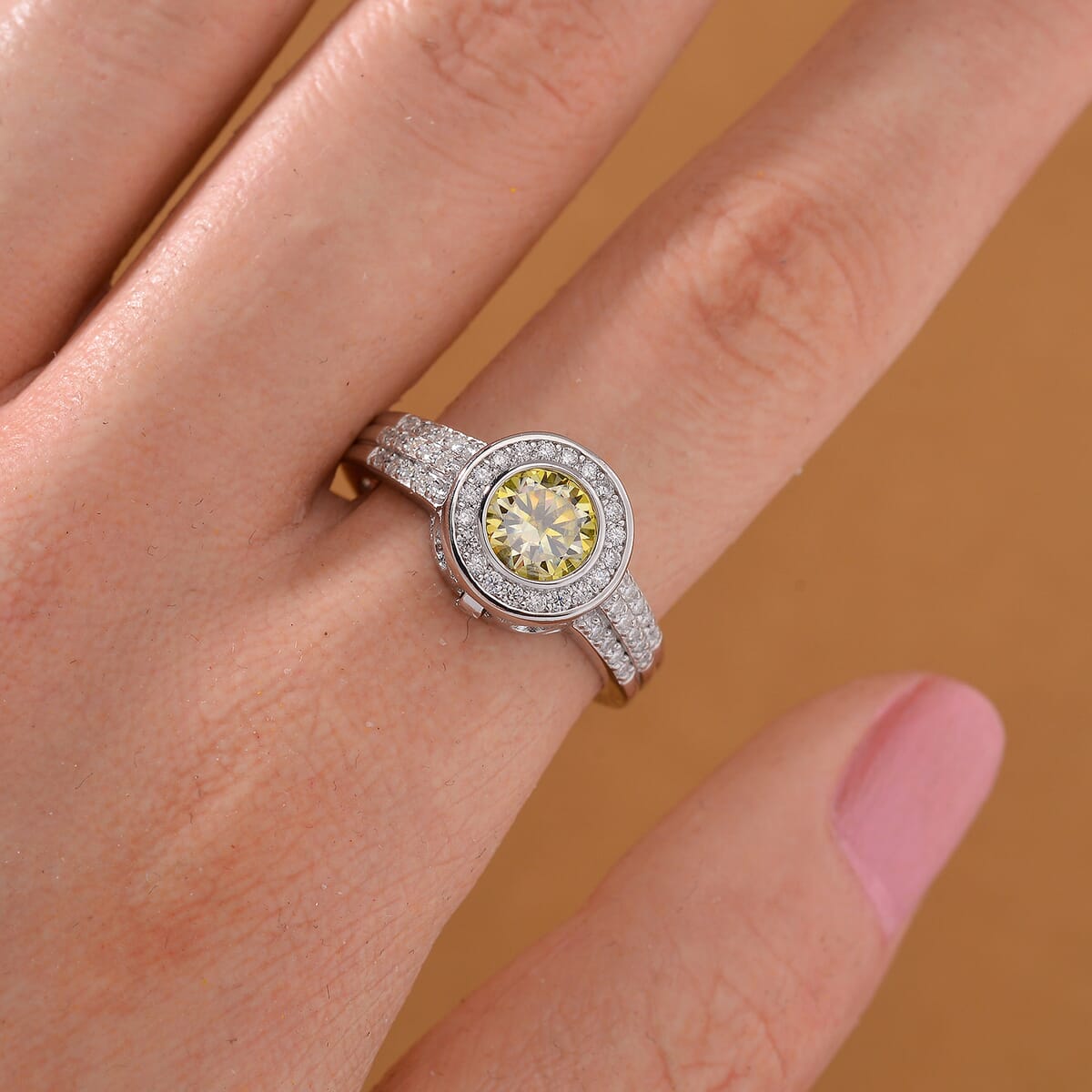 Yellow and White Moissanite 2.65 ctw Interchangeable Halo Ring in Rhodium Over Sterling Silver (Size 9.0) image number 1