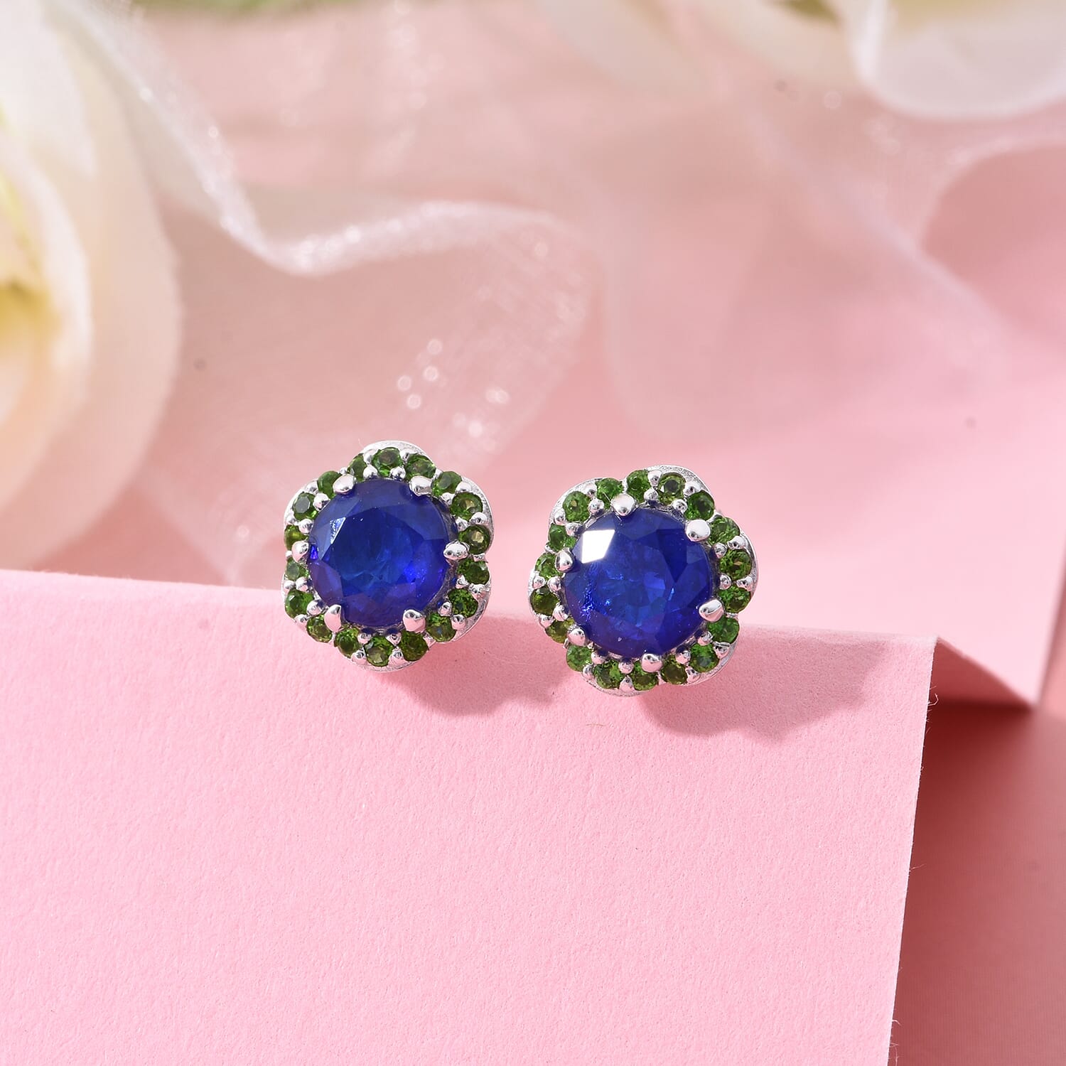 2.22ctw Round Sapphire & Diamond Cluster 18K Gold Stud Earrings