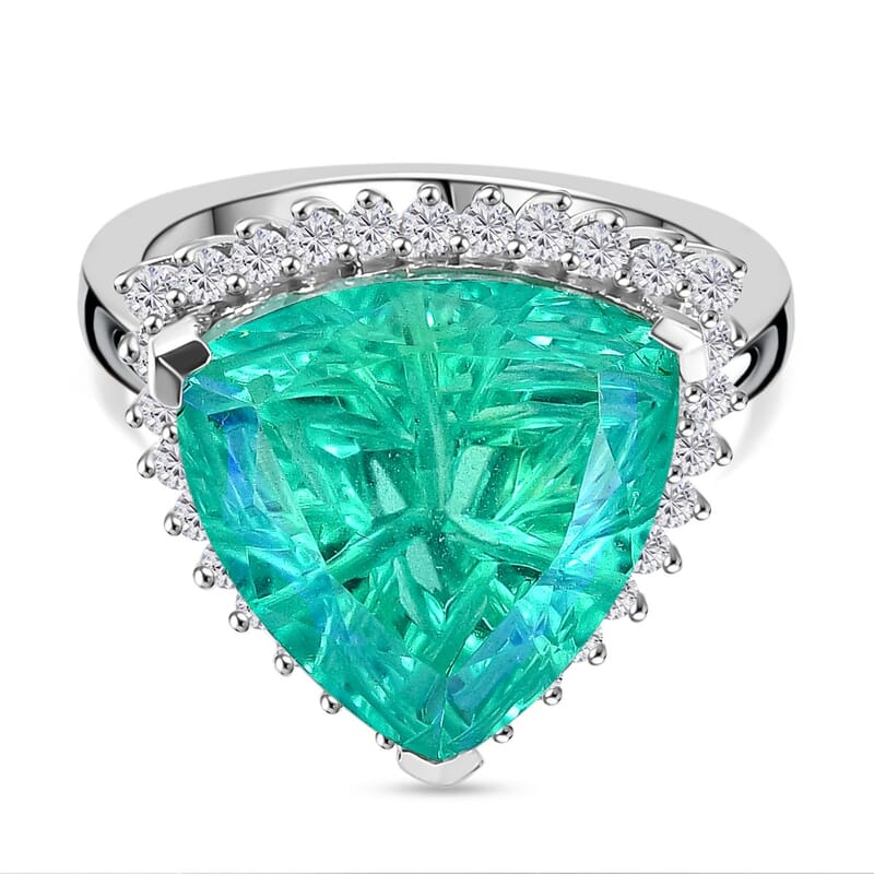 Peacock Triplet Quartz and White Zircon 9.45 ctw Ring in Rhodium Over Sterling Silver (Size 6.5)