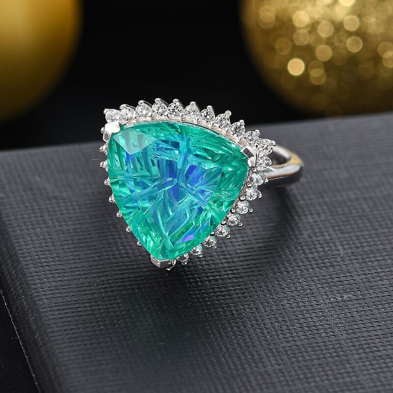 Peacock Triplet Quartz and White Zircon 9.45 ctw Ring in Rhodium Over Sterling Silver (Size 6.5)