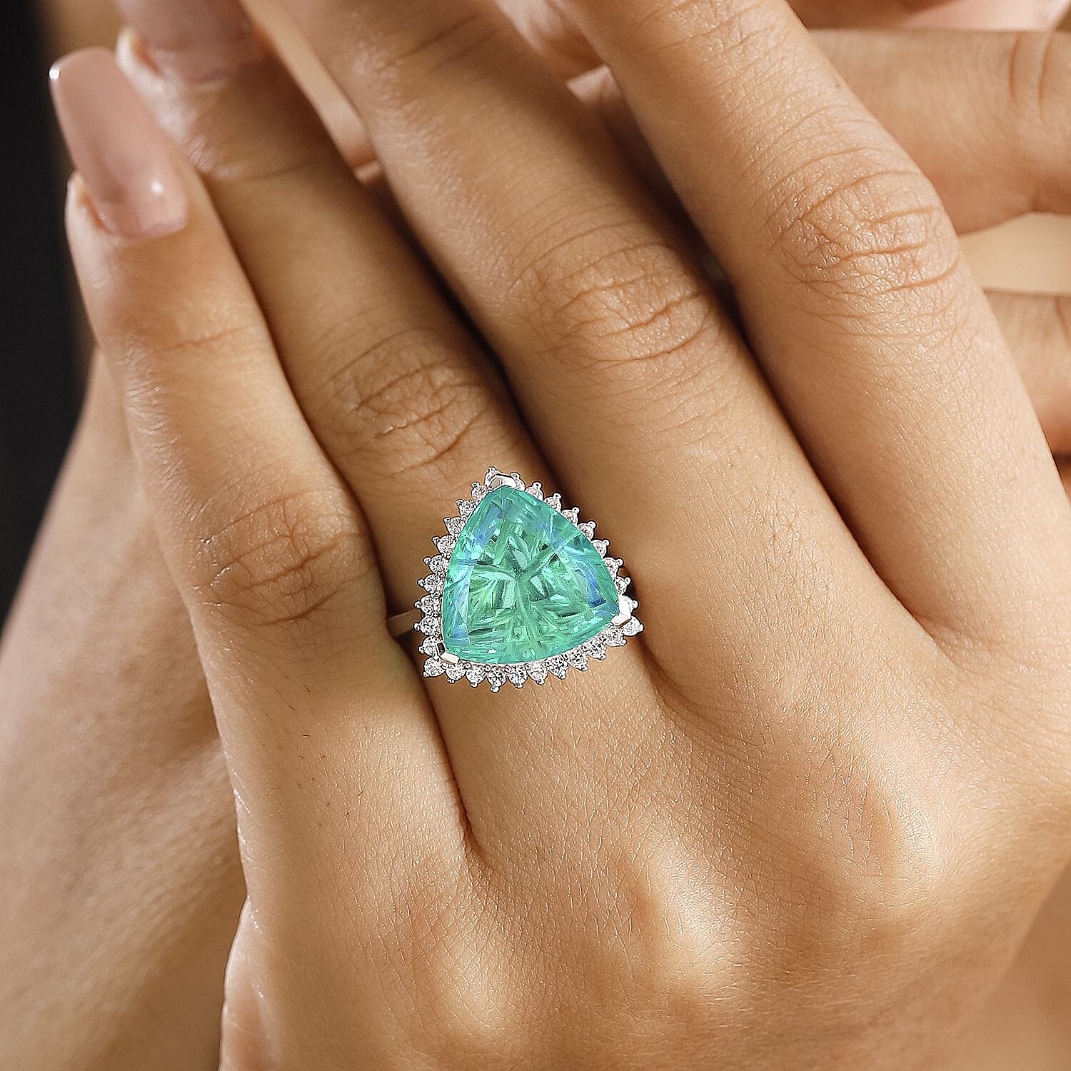 Peacock Triplet Quartz and White Zircon 9.45 ctw Ring in Rhodium Over Sterling Silver (Size 6.5)