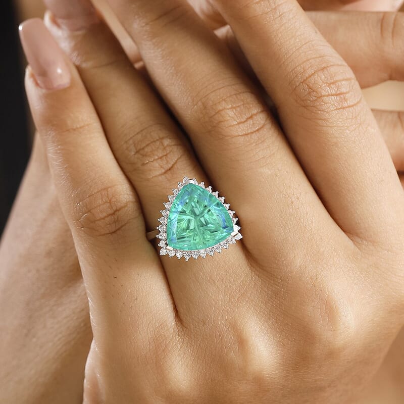 Peacock Triplet Quartz and White Zircon 9.45 ctw Ring in Rhodium Over Sterling Silver (Size 6.5)