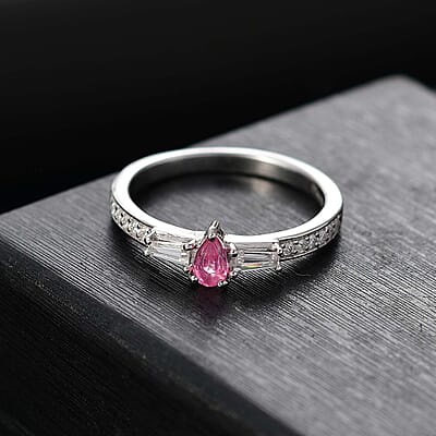 D'Joy Mahenge Spinel and Moissanite 0.55 ctw Ring in Rhodium Over Sterling Silver (Size 10.0)