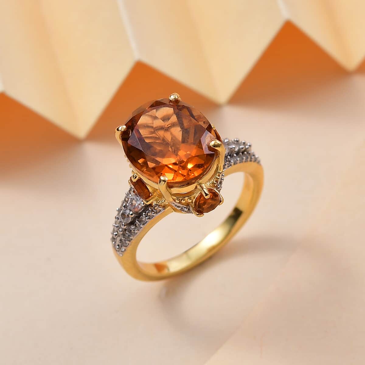 Premium Santa Ana Madeira Citrine and White Zircon 5.55 ctw Amber Crown Ring in 18K Vermeil Yellow Gold Over Sterling Silver (Size 10.0) image number 1