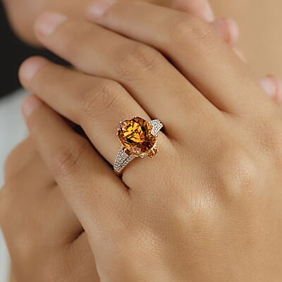 D'Joy Premium Santa Ana Madeira Citrine and White Zircon 5.55 ctw Amber Crown Ring in 18K Vermeil Yellow Gold Over Sterling Silver (Size 7.0)