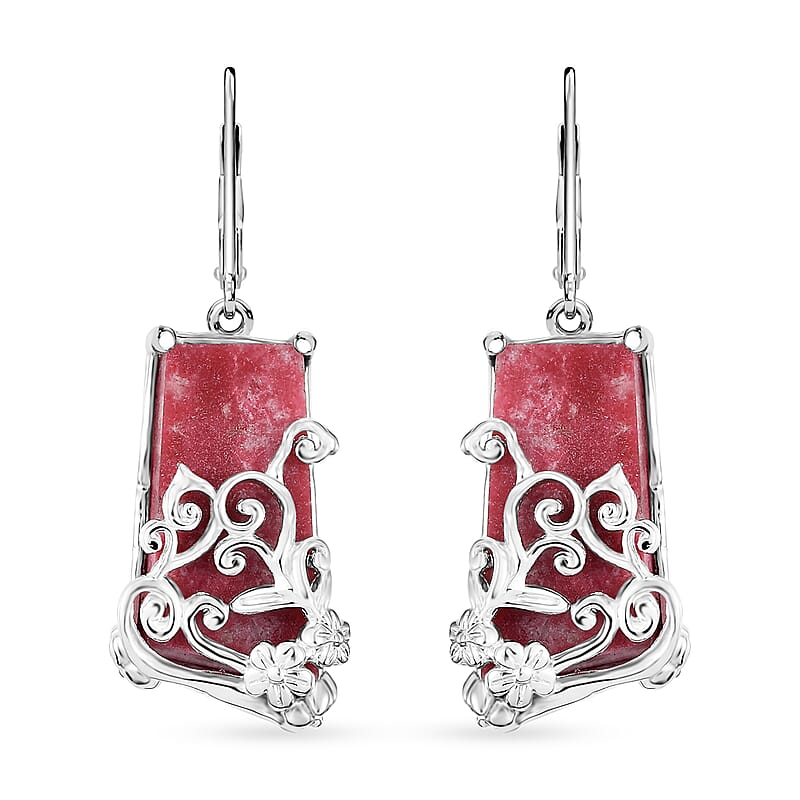 EverTrue Norwegian Thulite 27.35 ctw Vintage Floral Earrings in Platinum Bond