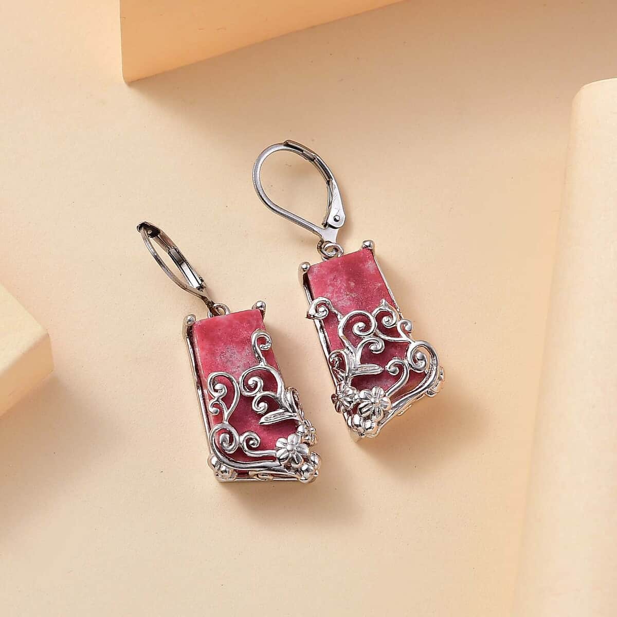 Karis Norwegian Thulite 27.35 ctw Floral Earrings in Platinum Bond image number 1